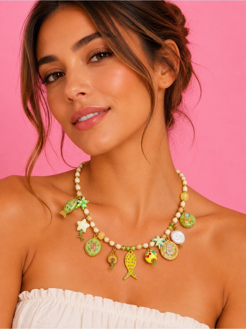 Beachy Green Fish Gold Charm Necklace